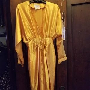 80s classic gold, satin wrap dress with buttons instead of an attached belt!